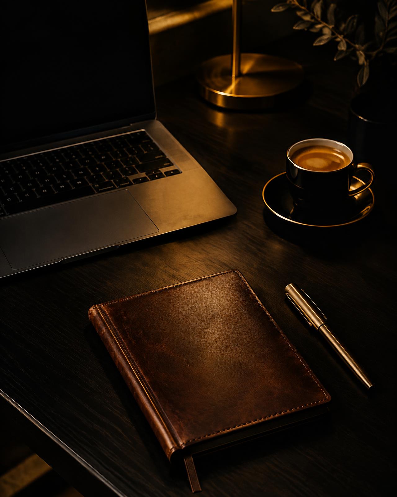 Premium dark desk with laptop, notebook and espresso